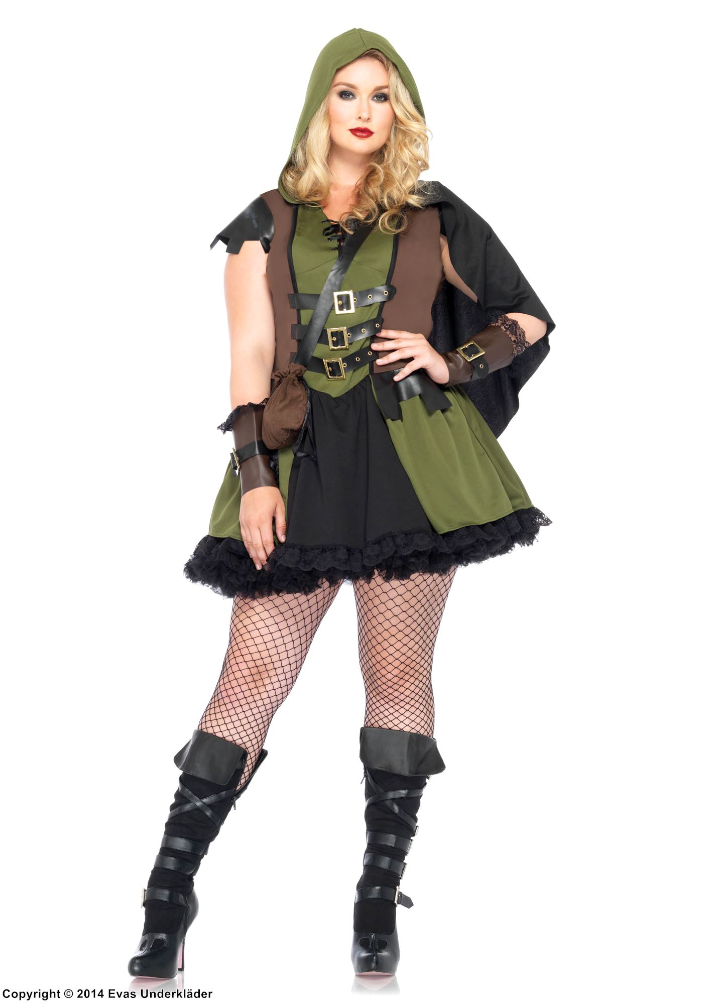 Kvinnelig Robin Hood, kostyme-kjole, kniplinger, belte, kappe, S til 4XL